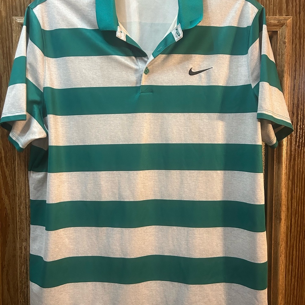 Nike Men's Green and White Striped Polo